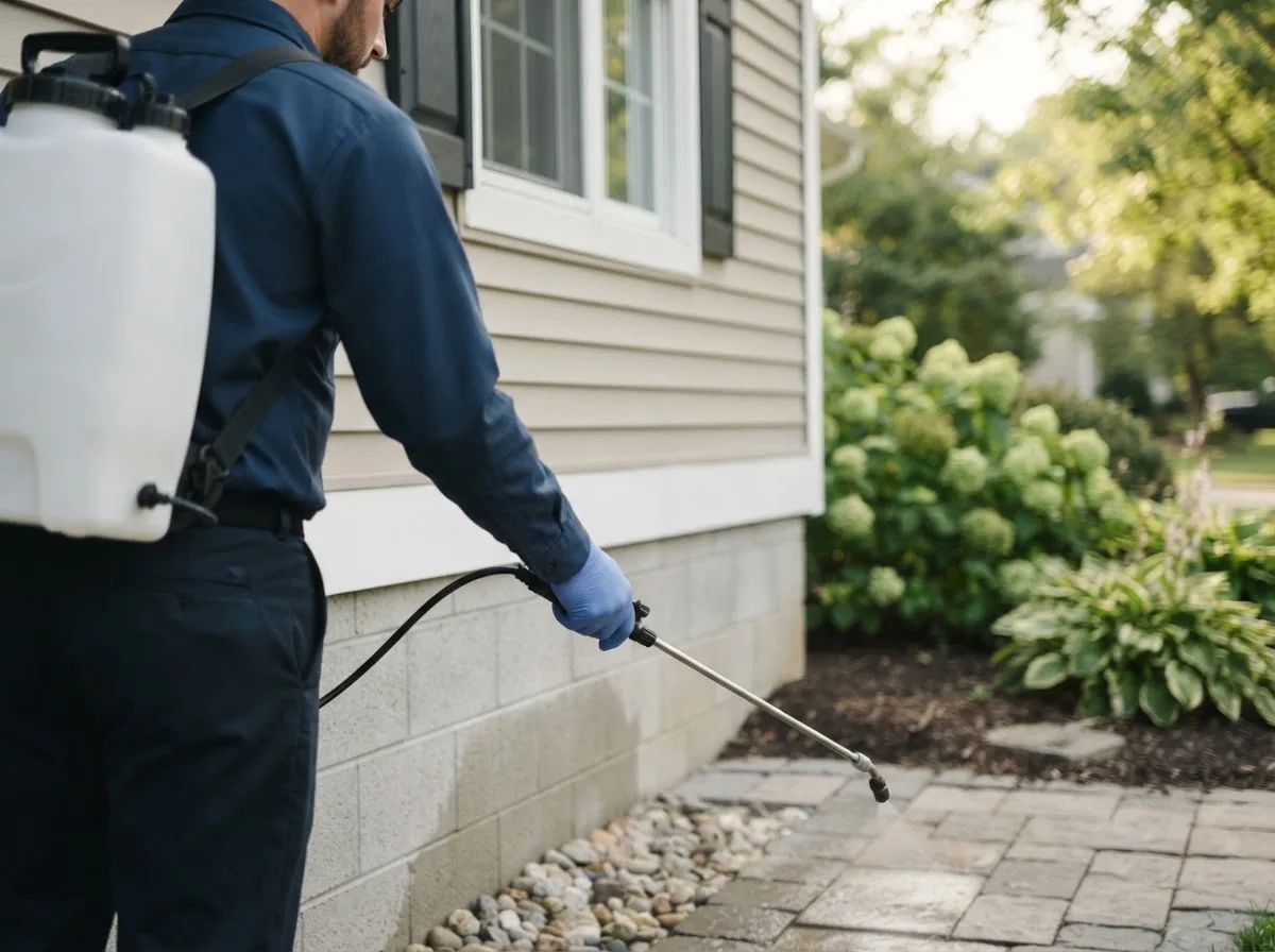 Pest control technician inspecting a home in Laurelton, PA